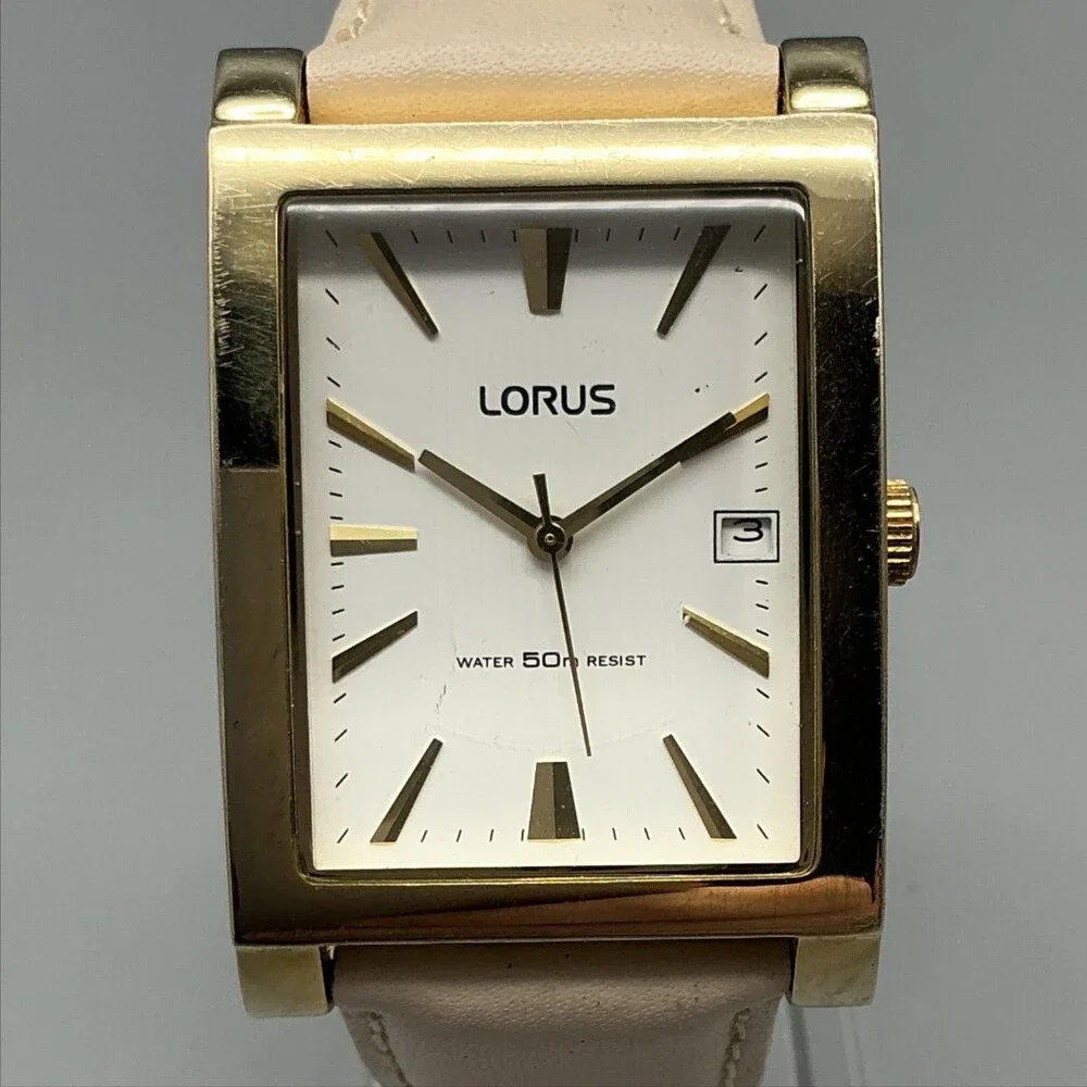 Lorus V632-8B68 Mens Watch 30mm White Dial Gold Tone Leather Date New Battery